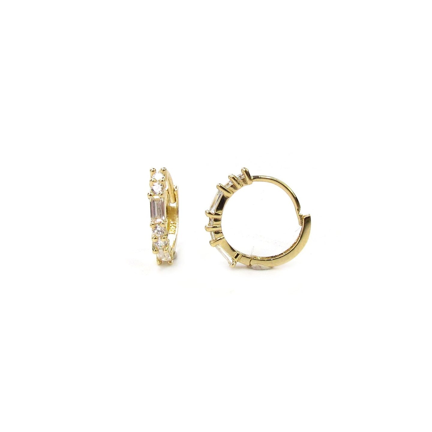 14K Gold Round & Baguette CZ Hoop Earrings | Pair